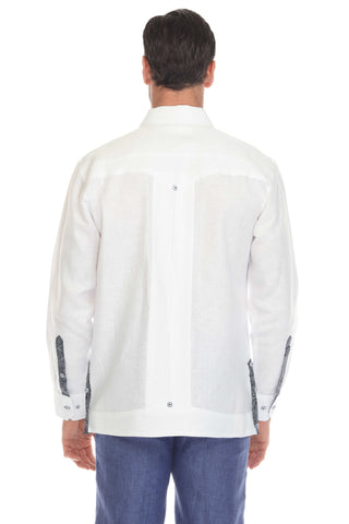 Mojito Men's 100% Linen Guayabera Shirt Long Sleeve with Print Trim Accent