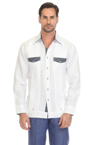 Mojito Men's 100% Linen Guayabera Shirt Long Sleeve with Print Trim Accent