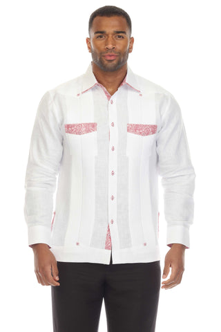 Mojito Men's 100% Linen Guayabera Shirt Long Sleeve with Print Trim Accent - Mojito Collection - Guayabera, Long Sleeve Shirt, Mens Shirt, Mojito Guayabera Shirt