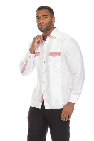 Mojito Men's 100% Linen Guayabera Shirt Long Sleeve with Print Trim Accent