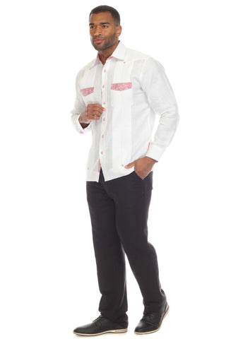 Mojito Men's 100% Linen Guayabera Shirt Long Sleeve with Print Trim Accent - Mojito Collection - Guayabera, Long Sleeve Shirt, Mens Shirt, Mojito Guayabera Shirt
