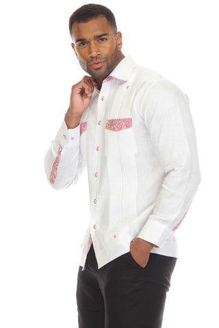 Mojito Men's 100% Linen Guayabera Shirt Long Sleeve with Print Trim Accent