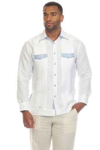 Mojito Men's 100% Linen Guayabera Shirt Long Sleeve with Print Trim Accent - Mojito Collection - Guayabera, Long Sleeve Shirt, Mens Shirt, Mojito Guayabera Shirt