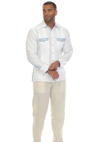 Mojito Men's 100% Linen Guayabera Shirt Long Sleeve with Print Trim Accent - Mojito Collection - Guayabera, Long Sleeve Shirt, Mens Shirt, Mojito Guayabera Shirt