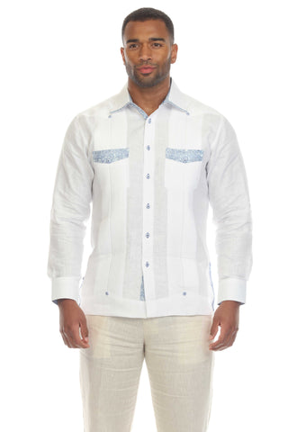 Mojito Men's 100% Linen Guayabera Shirt Long Sleeve with Print Trim Accent - Mojito Collection - Guayabera, Long Sleeve Shirt, Mens Shirt, Mojito Guayabera Shirt
