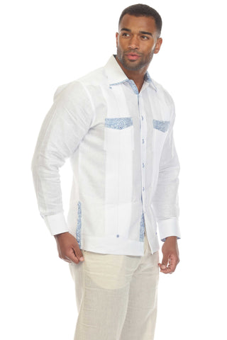 Mojito Men's 100% Linen Guayabera Shirt Long Sleeve with Print Trim Accent - Mojito Collection - Guayabera, Long Sleeve Shirt, Mens Shirt, Mojito Guayabera Shirt