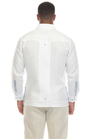 Mojito Men's 100% Linen Guayabera Shirt Long Sleeve with Print Trim Accent - Mojito Collection - Guayabera, Long Sleeve Shirt, Mens Shirt, Mojito Guayabera Shirt