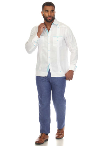 Mojito Men's 100% Linen Guayabera Chacabana Shirt Long Sleeve with Print Trim Accent