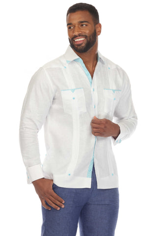 Mojito Men's 100% Linen Guayabera Chacabana Shirt Long Sleeve with Print Trim Accent