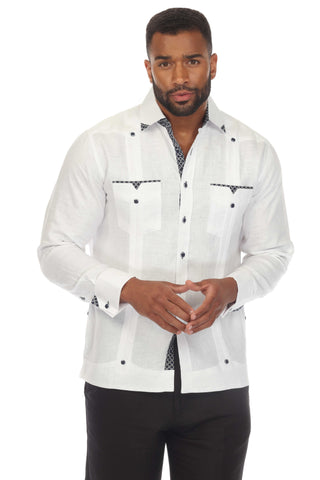 Mojito Men's 100% Linen Guayabera Chacabana Shirt Long Sleeve with Print Trim Accent