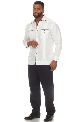 Mojito Men's 100% Linen Guayabera Chacabana Shirt Long Sleeve with Print Trim Accent