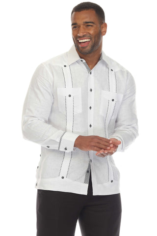 Mojito Men's 100% Linen Guayabera Shirt Long Sleeve with Print Stripe Trim Accent