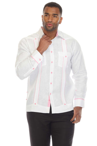 Mojito Men's 100% Linen Guayabera Shirt Long Sleeve with Print Stripe Trim Accent