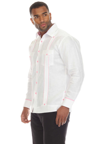 Mojito Men's 100% Linen Guayabera Shirt Long Sleeve with Print Stripe Trim Accent