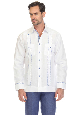 Mojito Men's 100% Linen Guayabera Shirt Long Sleeve with Print Stripe Trim Accent