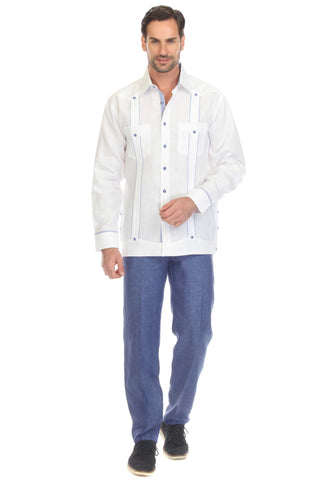 Mojito Men's 100% Linen Guayabera Shirt Long Sleeve with Print Stripe Trim Accent