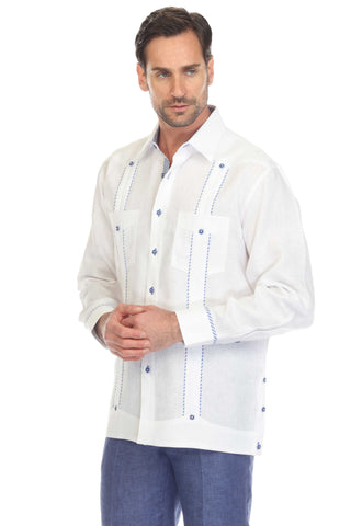 Mojito Men's 100% Linen Guayabera Shirt Long Sleeve with Print Stripe Trim Accent