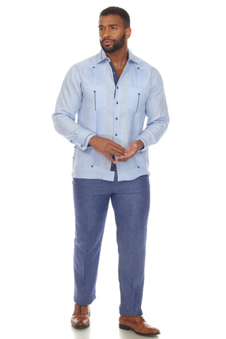 Mojito Men's 100% Linen Guayabera Chacabana Shirt Long Sleeve with Contrast Accent Trim