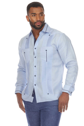 Mojito Men's 100% Linen Guayabera Chacabana Shirt Long Sleeve with Contrast Accent Trim