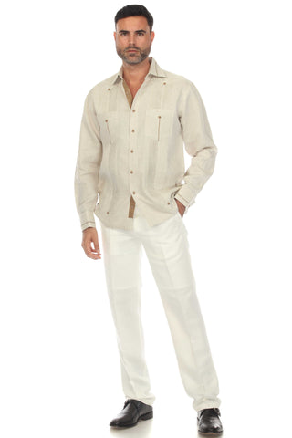 Mojito Men's 100% Linen Guayabera Chacabana Shirt Long Sleeve with Contrast Accent Trim