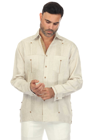 Mojito Men's 100% Linen Guayabera Chacabana Shirt Long Sleeve with Contrast Accent Trim