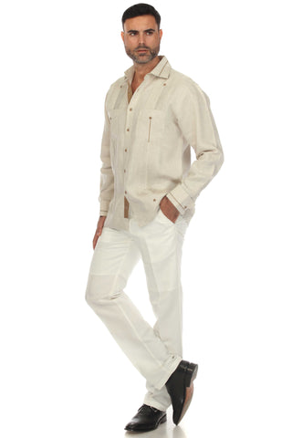 Mojito Men's 100% Linen Guayabera Chacabana Shirt Long Sleeve with Contrast Accent Trim