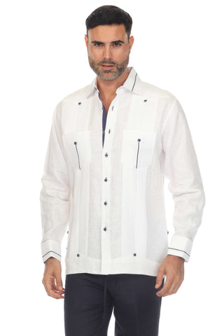 Mojito Men's 100% Linen Guayabera Chacabana Shirt Long Sleeve with Contrast Accent Trim