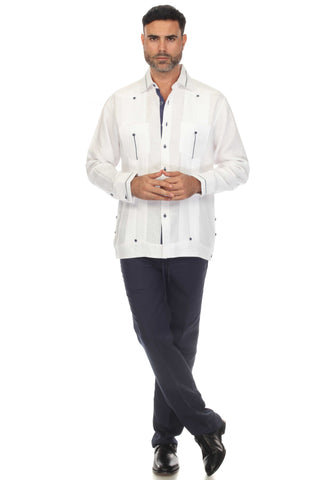 Mojito Men's 100% Linen Guayabera Chacabana Shirt Long Sleeve with Contrast Accent Trim