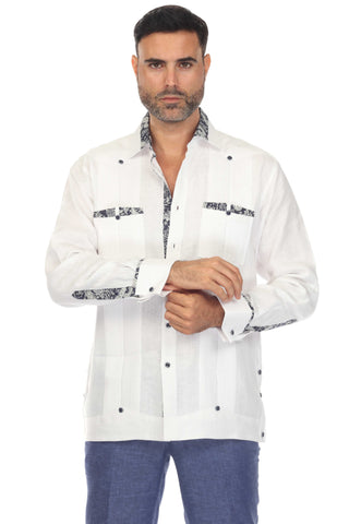 Mojito Men's 100% Linen Guayabera Chacabana Shirt Long Sleeve with Print Trim Accent