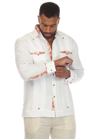 Mojito Men's 100% Linen Guayabera Chacabana Shirt Long Sleeve with Print Trim Accent