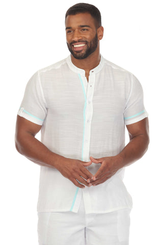 Men's Beach Mandarin Collar Button Down Two Tone Shirt Short Sleeve