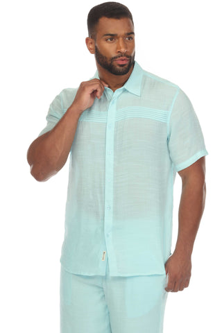 Men's Beach Button Down Shirt Short Sleeve with Pleated Trim
