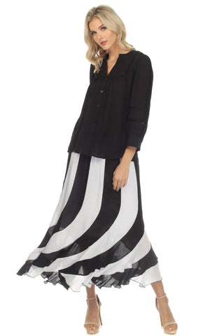 Women's Casual Resort Wear Black White Stripe Boho Maxi Skirt with Drawstring Waist