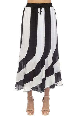 Women's Casual Resort Wear Black White Stripe Boho Maxi Skirt with Drawstring Waist