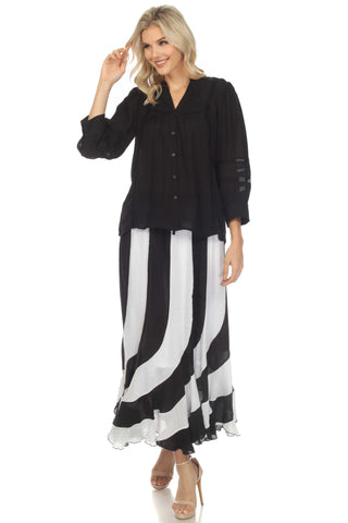 Women's Casual Resort Wear Black White Stripe Boho Maxi Skirt with Drawstring Waist