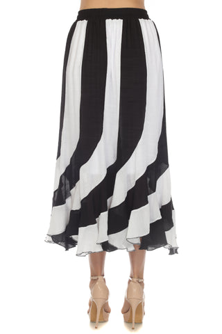 Women's Casual Resort Wear Black White Stripe Boho Maxi Skirt with Drawstring Waist