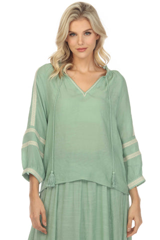 Women's Casual V-Neck Crochet Trimmed ¾ Sleeve Tunic Top with Tassel Drawstrings