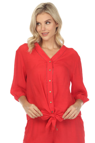 Women's Casual Resort Wear V-Neck Button Down Cutout Trim ¾ Sleeve Tunic Top with Bow Tie Hem
