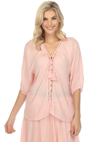 Women's Casual Resort Wear V-Neck Button Down Cutout Trim ¾ Sleeve Tunic Top with Tassel Drawstring