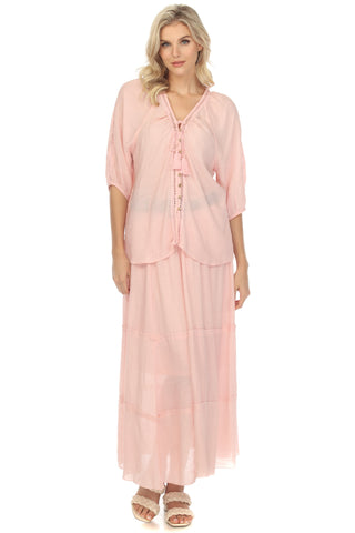 Women's Casual Resort Wear V-Neck Button Down Cutout Trim ¾ Sleeve Tunic Top with Tassel Drawstring