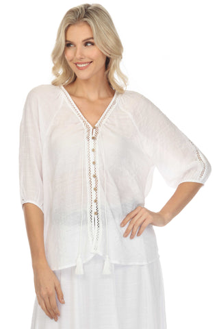 Women's Casual Resort Wear V-Neck Button Down Cutout Trim ¾ Sleeve Tunic Top with Tassel Drawstring