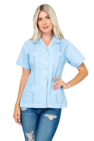 Women's Traditional Guayabera Shirt Cotton Blend 4 Pocket Design Short Sleeve - Mojito Collection - Mojito Lady Guayabera Shirt, Women's Guayabera Shirt, Womens Guayabera Short Sleeve Shirt, 