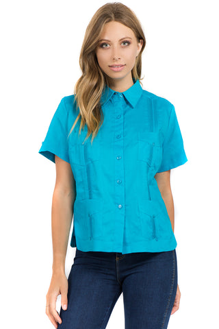 Women's Traditional Guayabera Shirt Premium 100% Linen Short Sleeve XS-3X - Mojito Collection - Ladies Guayabera Shirt, Mojito Lady Guayabera, Short Sleeve Shirt, Women's Guayabera, Womens Sh