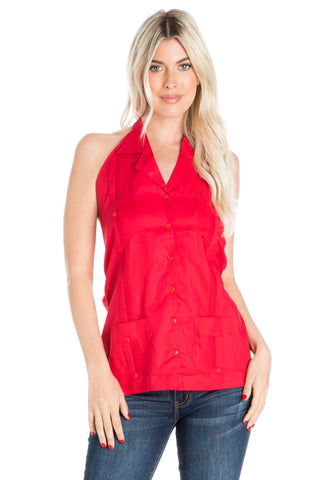 Women's Sexy Guayabera Halter Top Button Down Linen Blend S-2X - Mojito Collection - Guayabera Halter Top, Mojito Guayabera Shirt Women, Womens Guayabera Shirt, Womens Shirt