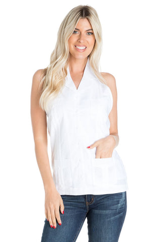 Women's Sexy Guayabera Halter Top Button Down Linen Blend S-2X - Mojito Collection - Guayabera Halter Top, Mojito Guayabera Shirt Women, Womens Guayabera Shirt, Womens Shirt