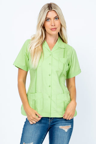 Women's Traditional Guayabera Shirt Cotton Blend 4 Pocket Design Short Sleeve - Mojito Collection - Mojito Lady Guayabera Shirt, Women's Guayabera Shirt, Womens Guayabera Short Sleeve Shirt, 