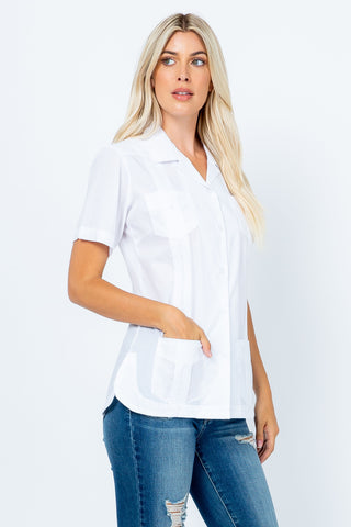 Women's Traditional Guayabera Shirt Cotton Blend 4 Pocket Design Short Sleeve - Mojito Collection - Mojito Lady Guayabera Shirt, Women's Guayabera Shirt, Womens Guayabera Short Sleeve Shirt, 