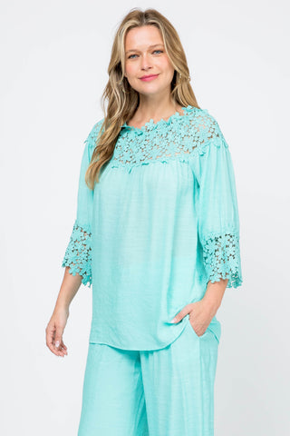 Women's Casual Crochet Trimmed Scoop Neck ¾ Sleeve Tunic Top - Mojito Collection - Vacation Clothing, Women's Clothing, Women's Resort Wear, Women's Top