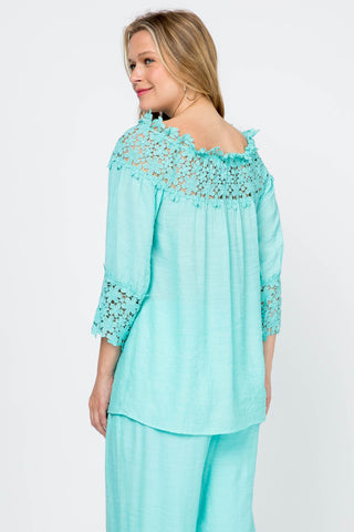 Women's Casual Crochet Trimmed Scoop Neck ¾ Sleeve Tunic Top - Mojito Collection - Vacation Clothing, Women's Clothing, Women's Resort Wear, Women's Top