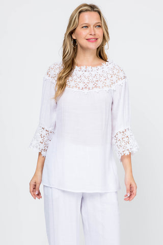 Women's Casual Crochet Trimmed Scoop Neck ¾ Sleeve Tunic Top - Mojito Collection - Vacation Clothing, Women's Clothing, Women's Resort Wear, Women's Top